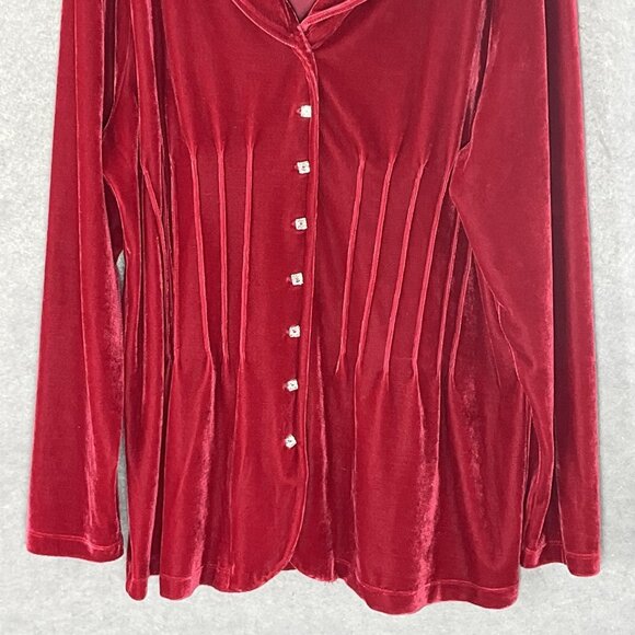 Susan Graver Velvet Tunic Size XL Red Pleated Button Up Blouse Holiday Luxurious - Picture 5 of 12
